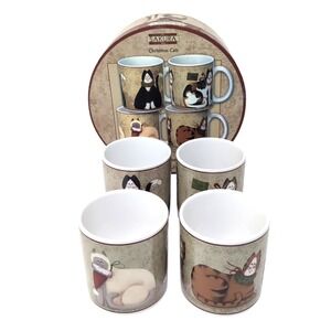 VTG 90s SAKURA Oneida Fiddlesticks Stoneware Mugs Christmas Cats Set of 4 in Box